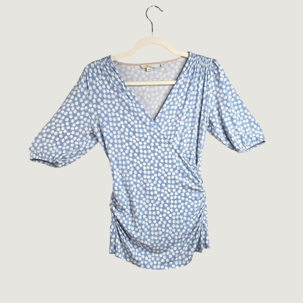 Boden Polka Dot Top S Blue White Short Sleeve Stretch Faux Wrap Twee Mod Blouse